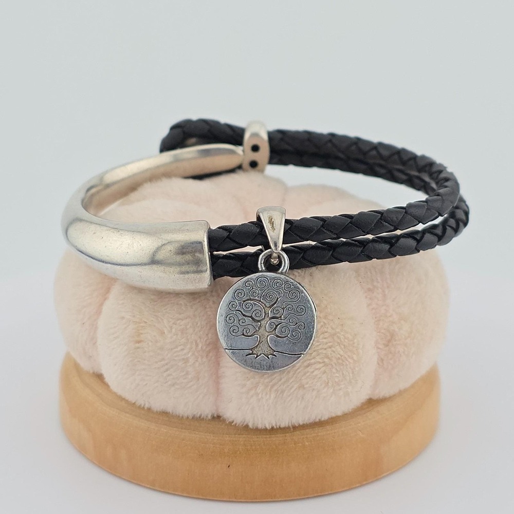 BRIGHTON "Tree Of Life" Charm Bangle Bracelet Braided Leather Silver Plate 6.75"